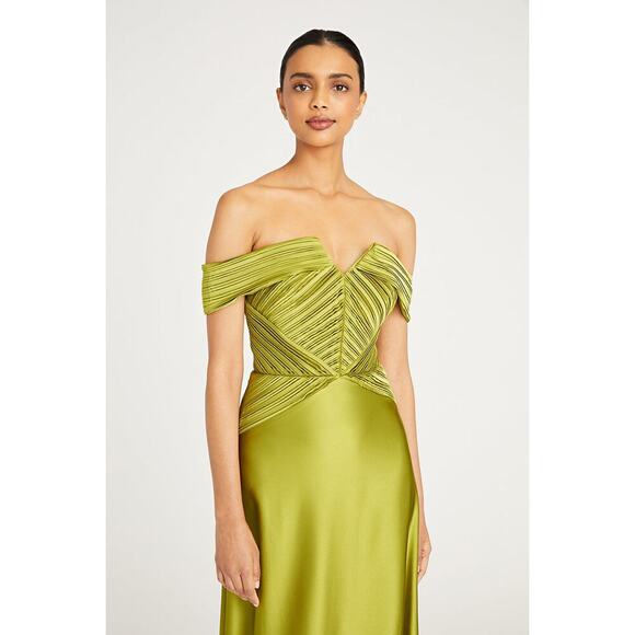Theia Venus Pleated Off-Shoulder Drape A-Line Gown Peridot Size 0 NWT - Picture 4 of 15